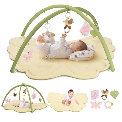 2PM SPORTS Green Butterfly Theme Baby Play Mat, Tummy Time Mat for Infant Newborn, Baby Play Gym Mat for Girl 0-6 6-12 Months, Activity Gym 5 Detachable Toys for Motor Skills & Sensory Development