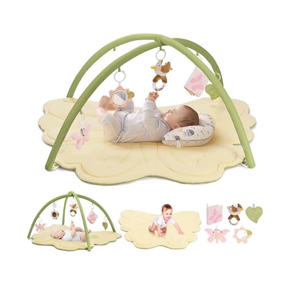 2PM SPORTS Green Butterfly Theme Baby Play Mat, Tummy Time Mat for Infant Newborn, Baby Play Gym Mat for Girl 0-6 6-12 Months, Activity Gym 5 Detachable Toys for Motor Skills & Sensory Development