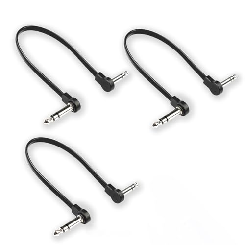 M MAKA Flat Low Profile Stereo Guitar Patch Cable 12 inch for Effects Pedals, 1/4 inch TRS Right-Angle, Black, 3-Pack