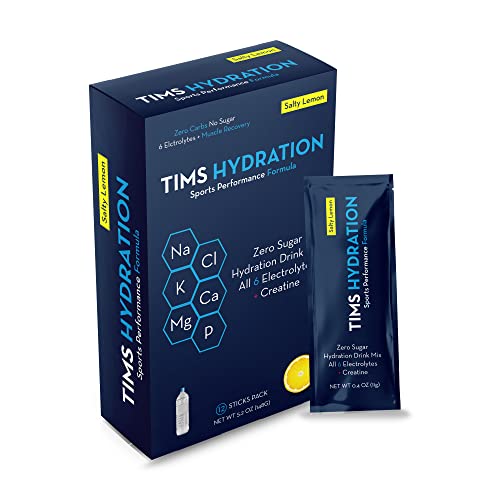 TIMS HYDRATION - Sports Performance Formula, Salty Lemon, Zero Sugar Electrolyte Drink Mix + Creatine, Single Serving Sticks, All 6 Electrolytes + Muscle Recovery, Pack of 12