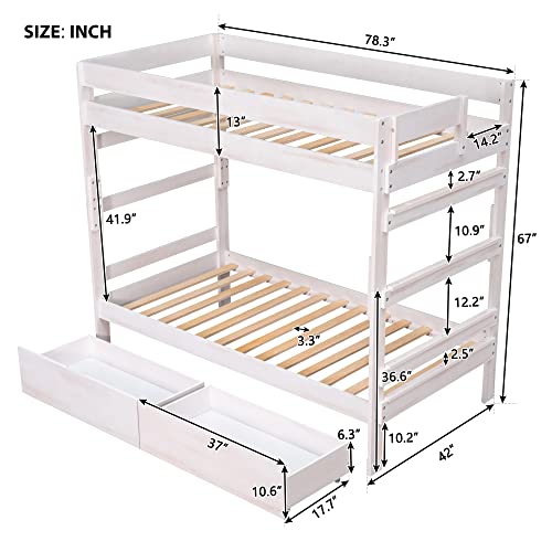 Lifeand Twin Over Twin Wood Bunk Bed With 2 Drawers,Can Divided Into 2 Separate Beds,White #TOP1