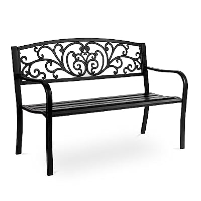 Outvita Outdoor Bench, 50" Metal Frame Garden Bench Patio Porch Furniture with Plastic Floral Design Backrest Powder-Coated Chair Yard Entryway Deck Furniture