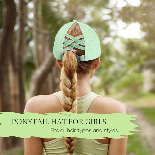 Ponytail Hat for Girls, Criss Cross Baseball Cap with Reflective Brim, Quick Dry Sports Hats for 7-12 Years3