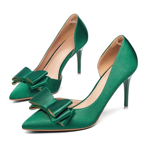 Womens Bow Heels Closed Pointed Toe Dress Shoes Stiletto Slip on Wedding Pumps, Green, Size 8