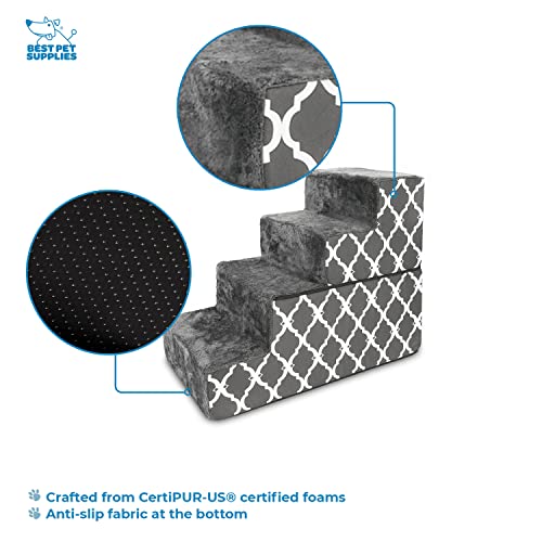Image of Best Pet Supplies 4-Step Foldable CertiPUR-US Certified Foam Pet Stairs /Steps, 28 x 16 x 22-Inch, Dark Gray with Lattice Print