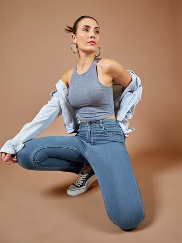 Image of Miss Chase Women's Skinny High Rise Cropped Fringed Hemline Detailing Stretchable Denim Jeans