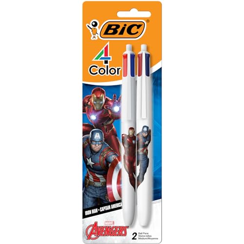 BIC Bolígrafo retráctil de 4 colores con personajes de Los Vengadores de Marvel, barril ancho para mayor comodidad, 2 unidades en tinta surtida