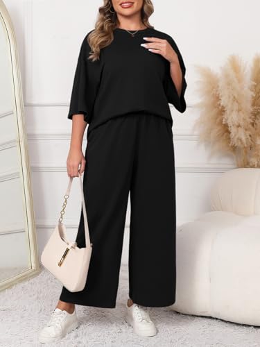 Beautife Womens Plus Size 2 Piece Outfits 3/4 Sleeve Tops and Wide Leg Pants Loungewear Pajamas Sets3