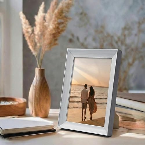Image of Premium White Silver 5x7 Inch Small Photo Frame | Table Top Display with Clear Plexiglass | Photo Frames for Table, Perfect for Home Decor, Wedding, Anniversary, Memories & Gifts