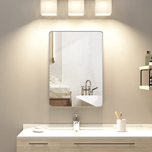 Janboe Bathroom Vanity Mirror Farmhouse Mirror 24" x 36" Silver Makeup Mirror Metal Framed Rounded Corner Deep Set Design Horizontal or Vertical Hangs for Wall