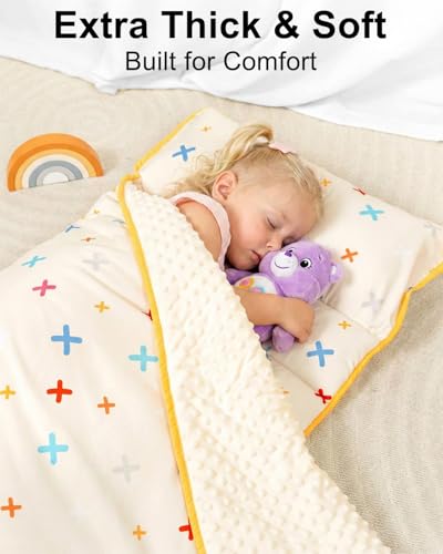 Image of Primlect Thickened Toddler Nap Mat with Removable Pillow and Minky Blanket, Extra Large 55''x35'' Sleeping Bag, Washable, Roll up, Perfect for Daycare, Preschool, Kindergarten, Boys and Girls Beige