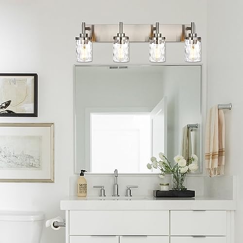 Image of Bathroom Vanity Lighting Fixtures 4 Lights,Brushed Nickel Bathroom Vanity Lights with Clear Hammered Shade Wall Sconce Lighting Modern Farmhouse Bath Lighting