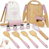 Wooden Kids Cooking Set Montessori Kit - Real Toddler Kitchen Tools & Baking Utensils - 30PCS Cooking Kit for Kids with Storage Bag, Great Gift for Pretend Play & Montessori Learning (Pink)