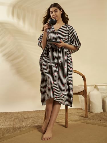 Image of Ravaiyaa Women Printed Cotton V-Neck Knee Length Kaftan Dress Nighty