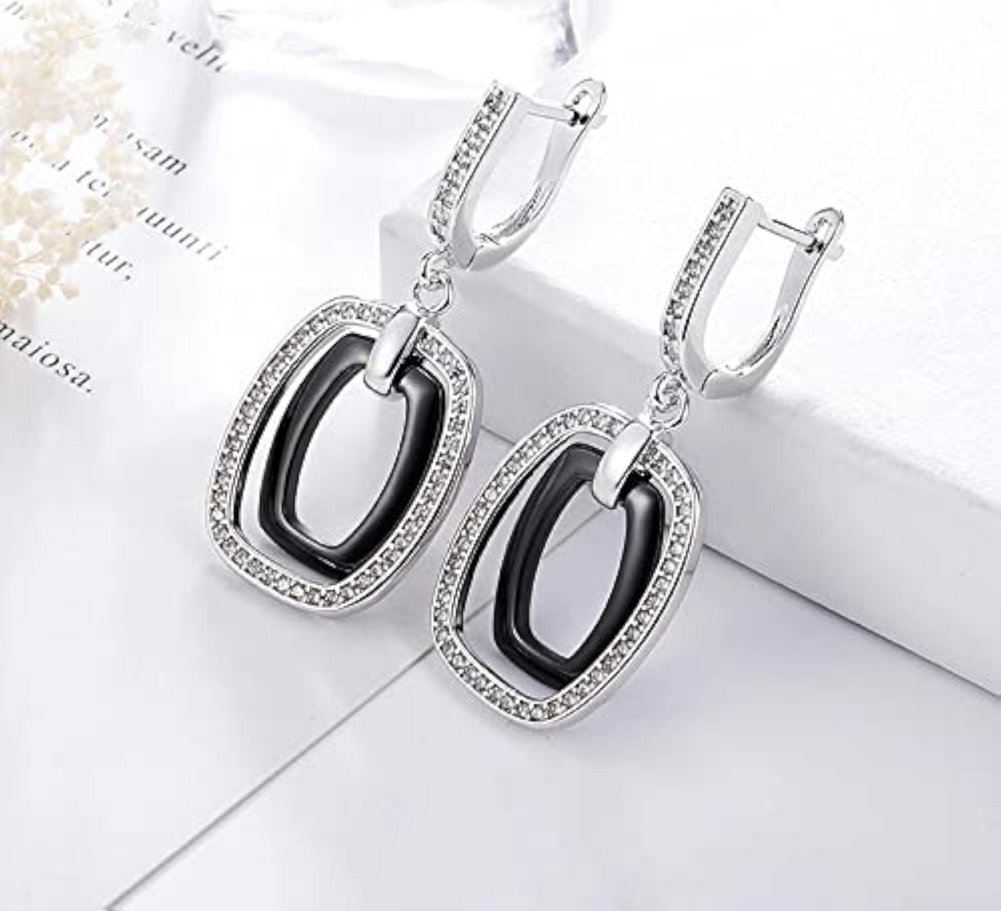 Geometric Drop Earrings, Sparkly CZ & Ceramic Dangle Rectangular Stud Earrings