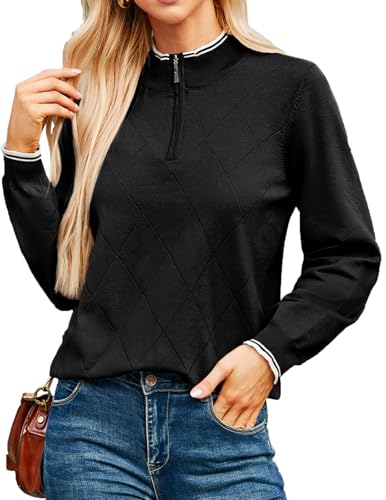 JACK SMITH Black Sweater Women Half Zip Long Sleeve Collar Argyle