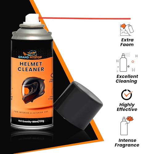 Image of GRAND PITSTOP Helmet Cleaner Spray 160 ml | Antibacterial Foaming Helmet Interior Cleaner | Odor Remover | Safe for Skin & Hair | Deep Cleans Helmet Padding & Liner