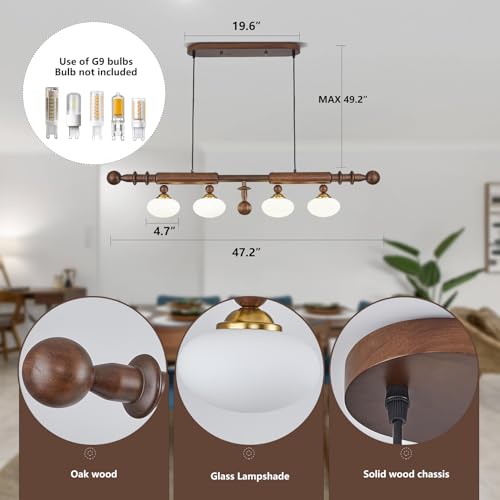Image of Wood and Globe Linear Chandelier Wooden Farmhouse Dining Room Light Fixture Rustic 4-Light Linear Kitchen Island Lighting Mid Century Modern Globe Hanging Pendant Light with Milk Glass Lampshade