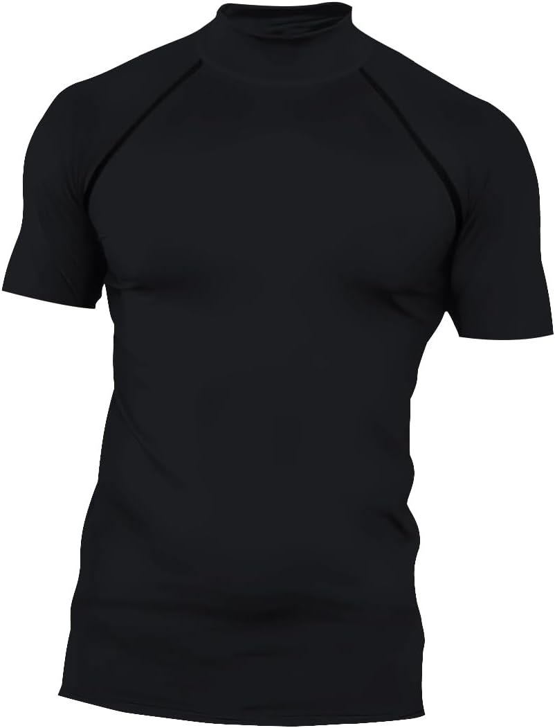 Red Plume Mens Compression Mock Turtleneck Short Sleeve Shirt High Neck Athletic Tops Football Run Pullover Sports Undershirt