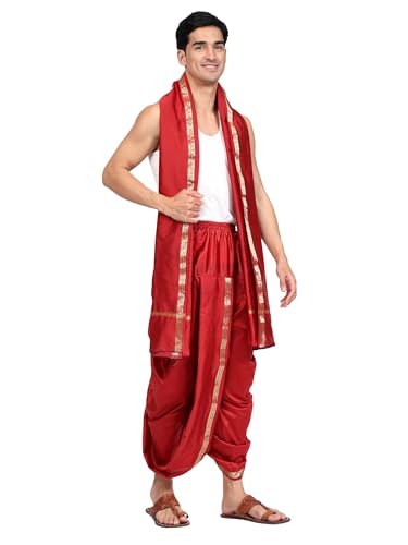 Image of Rameshwaram Fabrics Mens Ready to Wear Silk Dhoti with Angwastra Set - Pocket Dhothi