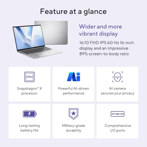 Image of ASUS Vivobook 16 Laptop - 16 inch WUXGA 16:10 Display - Snapdragon X X1 26 100 Processor - 8 GB RAM - 512 GB SSD - Windows 11 OS Home - Cool Silver - X1607QA-PB54