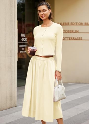Image of Panadila Womens 2 Piece Lounge Sets Matching Vacation Outfits Ribbed Button Down Cardigan and Elastic Waist Skirt Sets