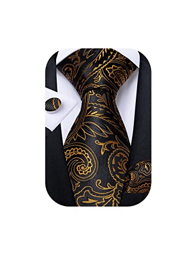 DiBanGu Mens Tie Set Silk Solid Paisley Necktie and Pocket Square Cufflinks Classic Formal Ties for Men Wedding Party Black and Gold