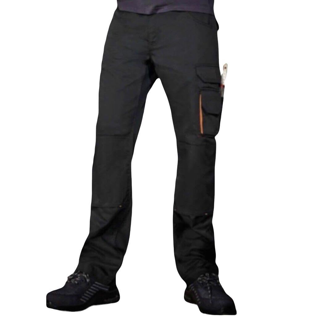 Popoqo Men's Black Elasticated Waist Cargo Work Trousers Knee Pockets Pro Builder Heavy Duty 36W / 32L