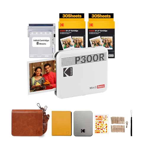Image of Kodak Mini 3 Retro 4PASS Portable Photo Printer (3x3 inches) + 68 Sheets Gift Bundle, White