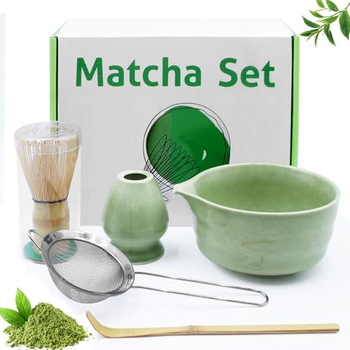 Druuzyl 5 piezas cuenco de cerámica matcha, cuenco matcha, batidor matcha, espátula y escobillero matcha,Colador para la ceremonia del té