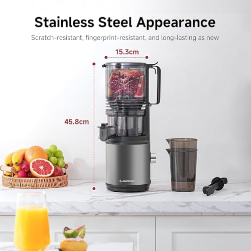 Image of Cold Press Juicer Machine with 6 inch Extra-Wide Feed Chute,Triple Stainless Steel Filter,Quiet DC Motor,Easy to Clean,Slow Masticating Juicer High Juice Yield, Grey