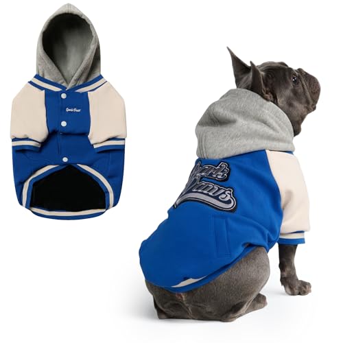Image of Spark Paws Varsity Dog Hoodie - Premium Dog Sweater for Small, Medium, and Large Dogs | Warm Clothes for Pets, Winter Jacket Alternative - Blue - XL