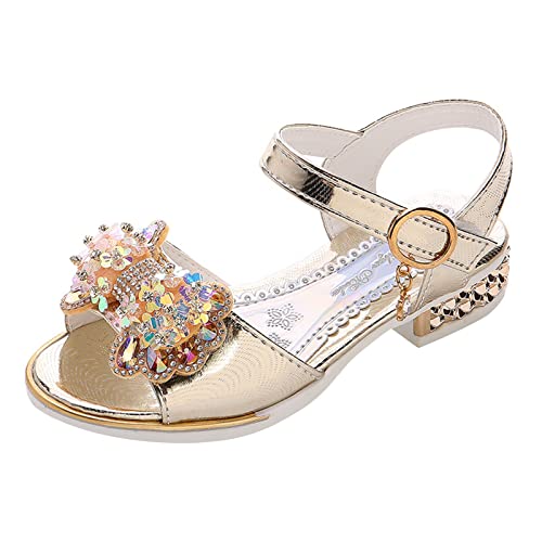 Girls Fashion Low Heels Dress Open Toe Rhinestone Butterfly Sandals Summer Sandals for Girls Wedding Party Sandals (Gold, 4.5-5 Years Little Child)