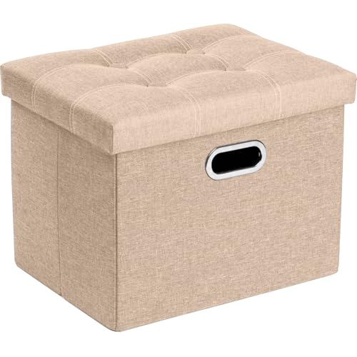 COSYLAND Puff Almacenaje 40L, Banco Almacenaje, Capacidad de Carga 200 kg, Tapizado Lino, Baúl para Dormitorio, Salón, Entrada, Juguetes, Organizador Multifuncional, Plegable, Beige, 43x33x33cm