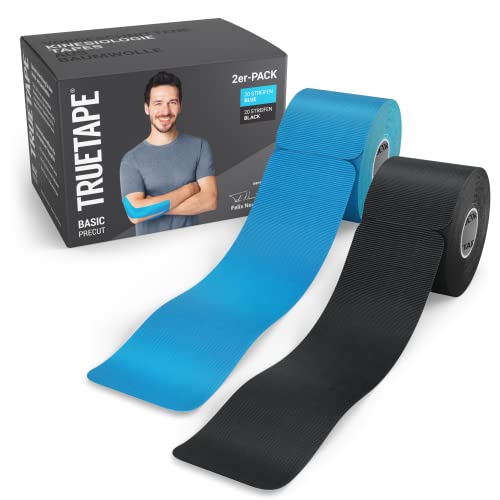 TRUETAPE® Basic - Kinesiotapes vorgeschnitten | Duopack | hautfreundlich mit perfektem Tragekomfort | 2x 20 Precut-Streifen á 25cm x 5cm | wasserfestes & elastisches Kinesiologie Tape | Blau & Schwarz Cover