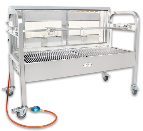 Beeketal 'BSG-120G' Gasgrill Spanferkelgrill aus Edelstahl mit Motor und Spieß (3-fach verstellbar), Gas Brenner mit Piezozündung, Grillwagen mit bremsbaren 360° Rollen, extra Holzkohlewanne