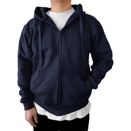 Highfundamental Mens Zip up Fleece Hoodie Sweatshirts Heavyweight Long Sleeve Active Jackets with 2 Pockets Navy Blue