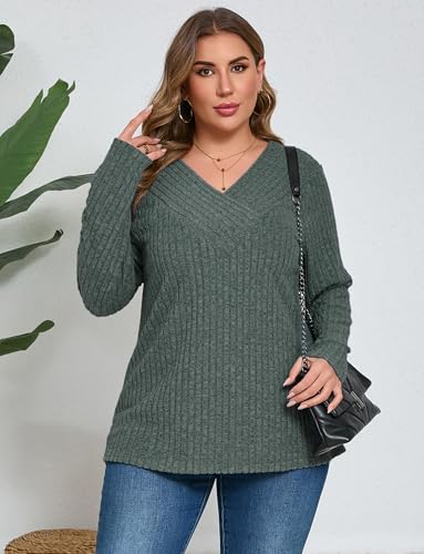 Image of Plus Size Sweaters for Women Casual V Neck Tops Long Sleeve Shirts Oversized Lightweight Knit Sweater