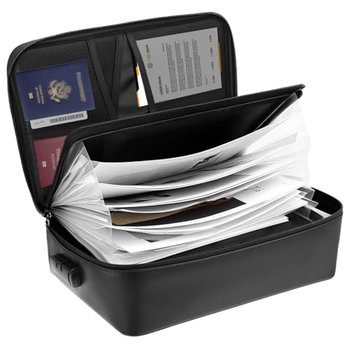 QWORK® Organizador de Documentos con Cerradura, Ignífugo e Impermeable, 36x27x10cm, con Archivador Acordeon Carpeta (7 Compartimentos)