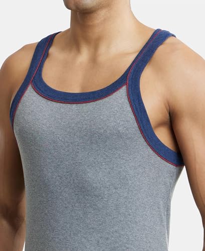 Image of Jockey US54 Men's Super Combed Cotton Rib Square Neckline Slim Fit Gym Vest with Back Panel Graphic Print (Shoulder Starp Color May Vary)