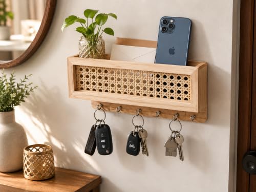 Image of CentraLit Wooden Rattan Key Holder for Home Decor Stylish, Wall Mounted Key Holder with 5 Hooks & Shelf, Key Stand for Wall, Key Hangers for Room, Key Chain Holder for Home