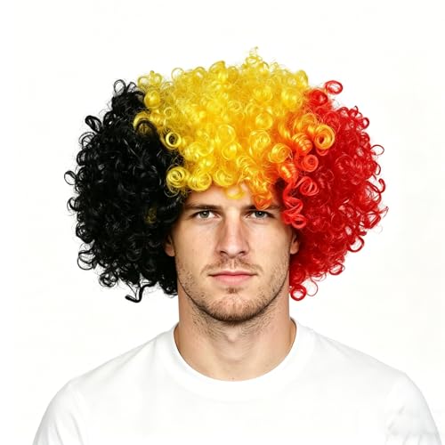 Perruque Afro Décoration Coupe du Monde Football, Couleurs Noir Jaune Rouge, Supporter Belgique, Taille Unique Élastique Premium, Accessoire de Fête Carnaval Unisexe pour Soirée et Match