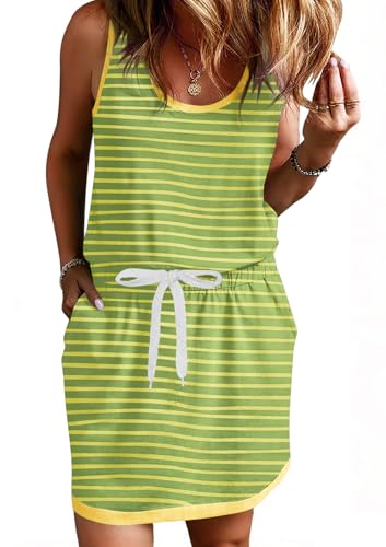Image of Yousify Womens Summer Sleeveless Striped Dress Drawstring Waist Casual Tank Mini Dresses with Pockets