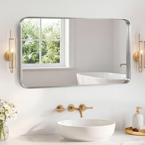 Image of Sweetcrispy Bathroom Mirror 48x30 Inch Metal Framed Rounded Rectangle Vanity Mirror for Wall, Over Sink, Farmhouse, Restroom, Anti-Rust, Modern Decorative, Horizontal or Vertical Hanging, Silver