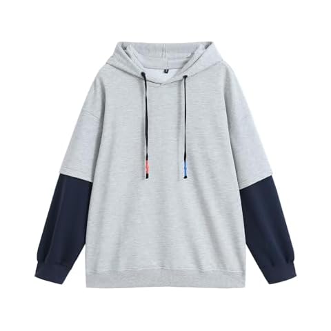 GURUNVANI Fashion Hoodies Men's Color Block Pullover O-Neck Hooded Sweatshirt Patchwork， 7401LightGray， Medium Cover