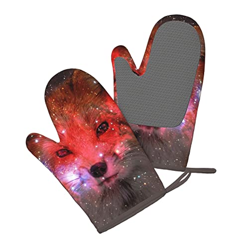 Red Fox Galaxy Silicone Oven Mitts Animal Print Gloves Kitchen Mittens Heat Resistant Non-Slip For Bbq Grilling Cooking Baking, 1 Pair #TOP1