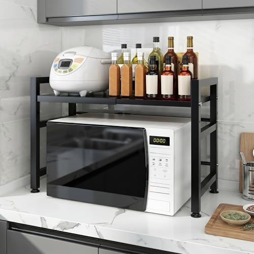 SOONHUA Étagère à Micro-Ondes Extensible, étagère de Cuisine à 2 Niveaux Extensible pour Micro-Ondes, étagère de Cuisine Debout pour Four/cafetière, Support de Micro-Ondes Stable