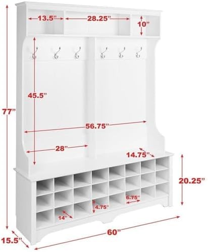 Prepac White Hall Tree, Shoe Cabinet, Storage Cabinet with 24 Shoe Cubbies and 6 Double Coat Hooks 15.5" D x 60" W x 77" H — view 5