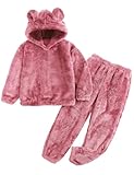 Flygo Girls Fuzzy Pants Set Crop Hoodie Bear Ear Two Piece Outfits Fluffy Sweatshirt and Fleece Pants Sweatsuit 9-10Y (Pink-M)