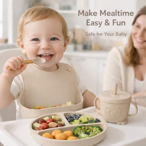 Image of 6 Piece BPA-Free Silicone Baby Feeding Set | Thick & Soft Suction Plates, Baby Food Bowl, Wooden Fork & Spoon, and More | Make Mealtime Fun and Easy for Your Little One (Beige)